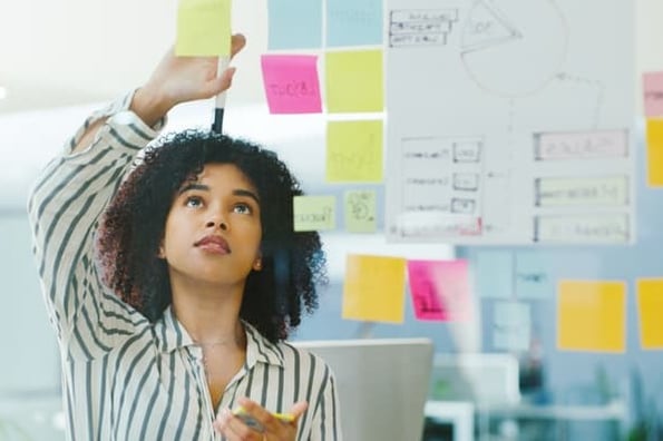 A woman plans her next marketing strategy while considering how recession news has impacted consumer spending